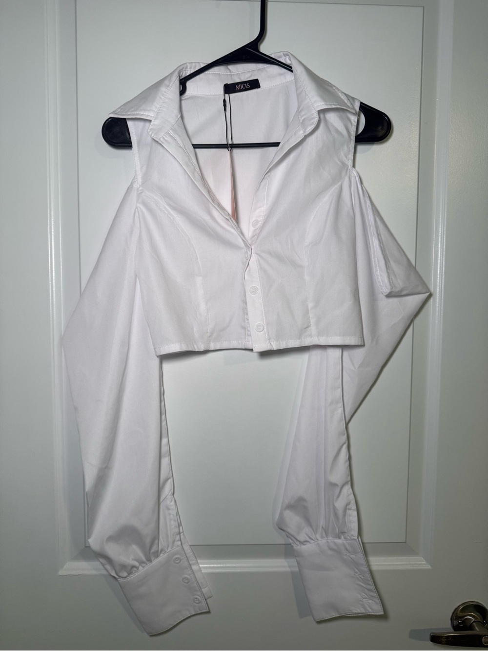 White Cold-Shoulder Cropped Button-Down Shirt